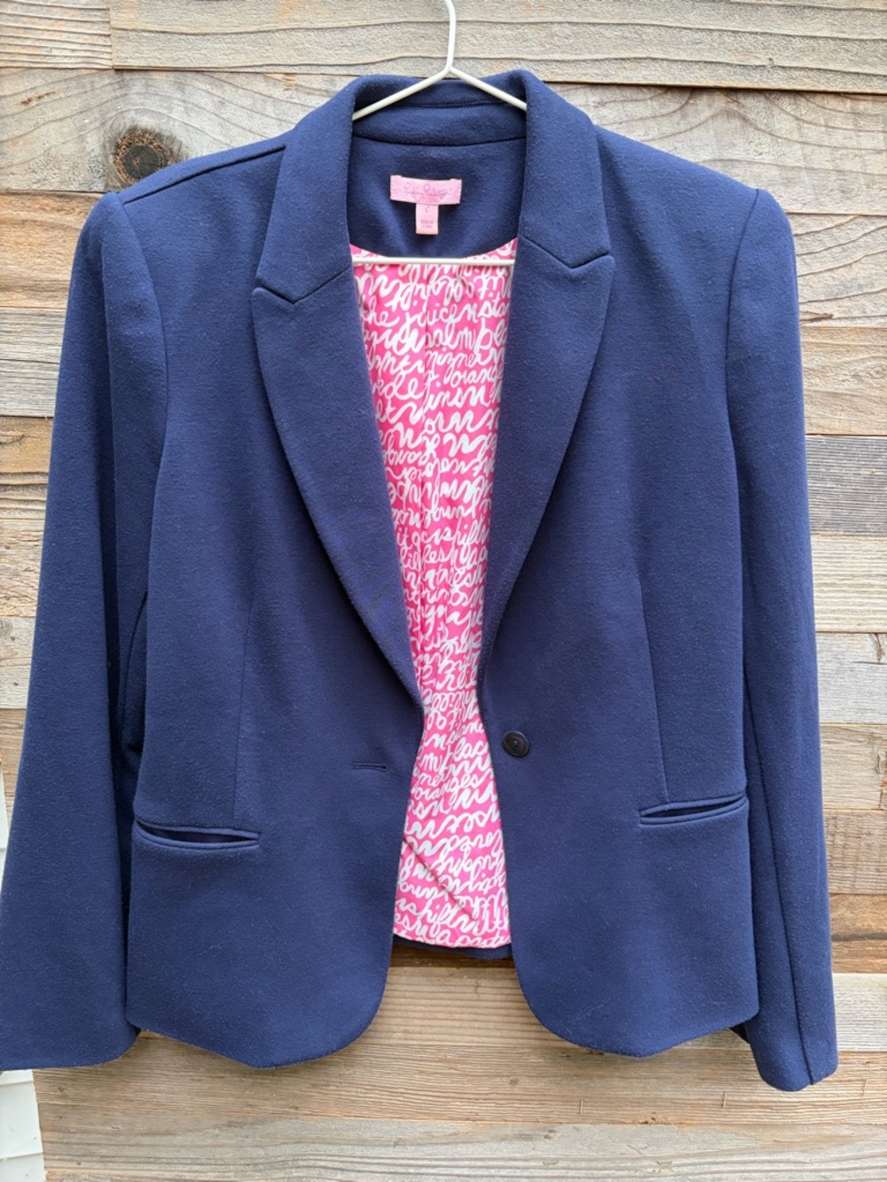 Lilly Pulitzer Navy Blazer with Pink Script Lining